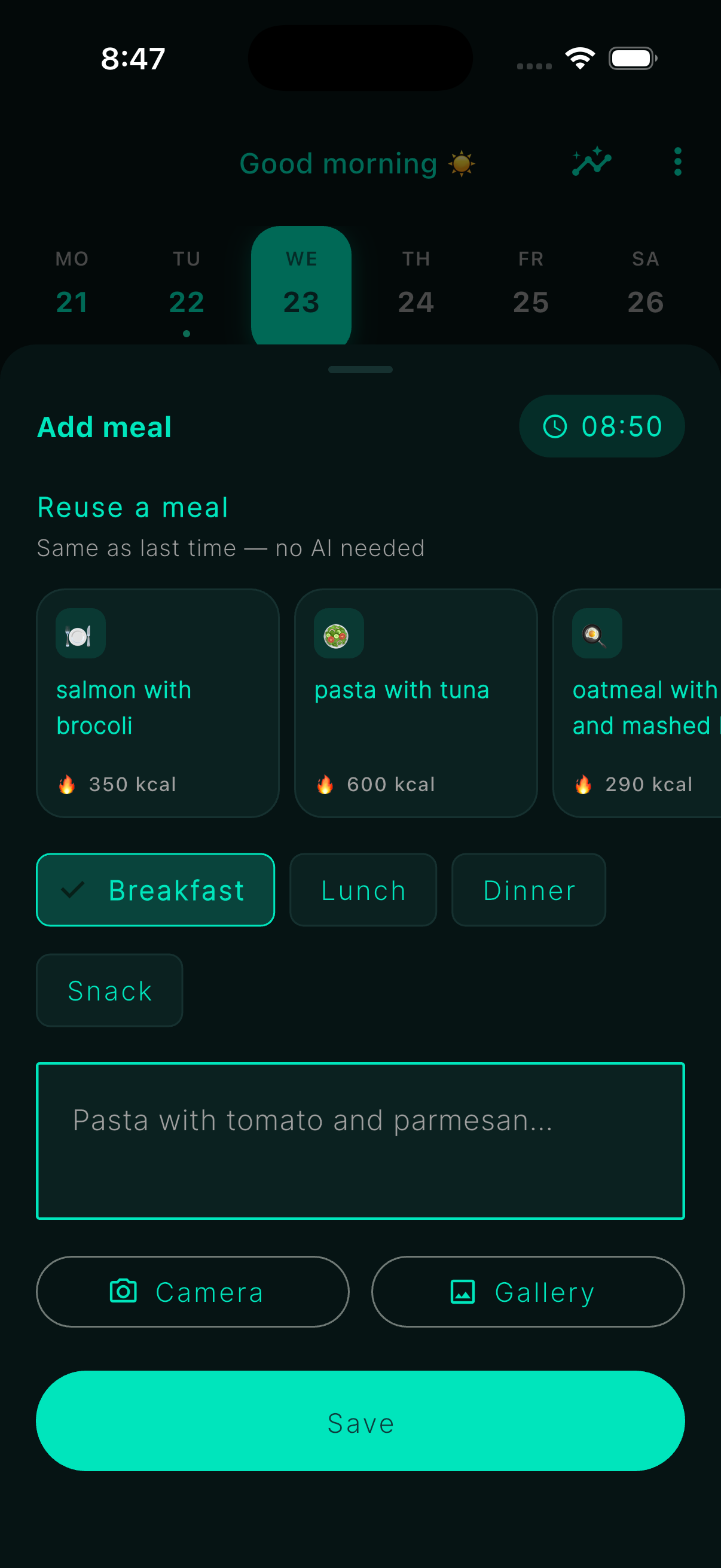 fodia app showing a logged meal and symptom entry