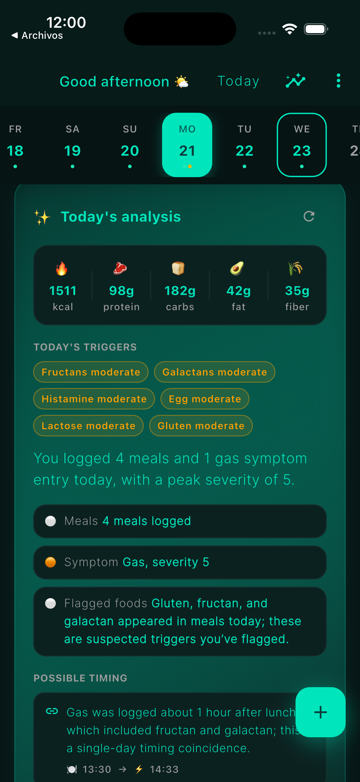 fodia screen showing AI-powered meal insights